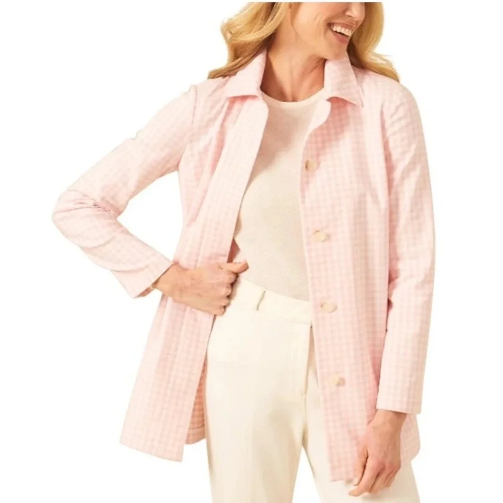 J McLaughlin Tyra‎ Coat Size Large Pink Gingham Trench Coat